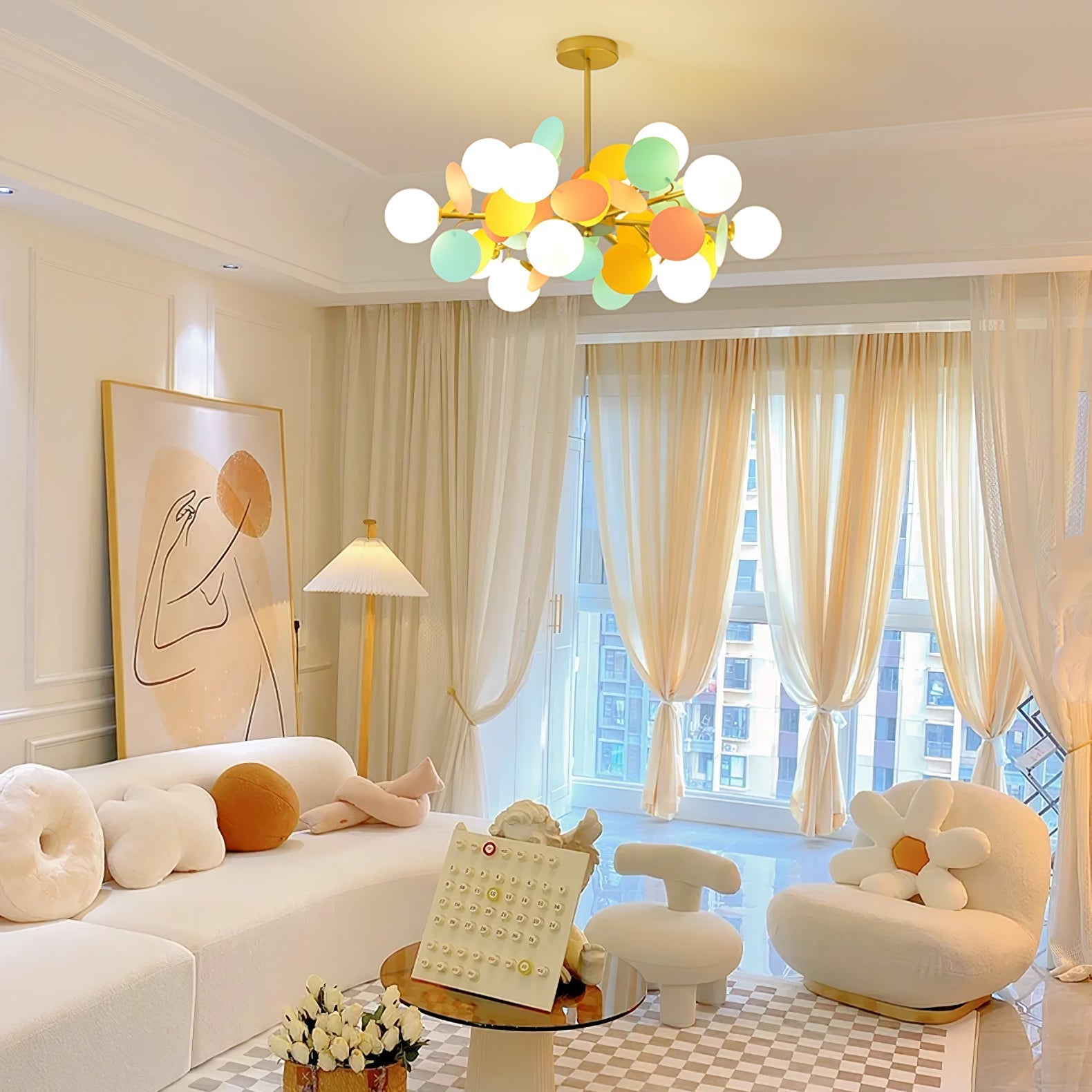 Modern Geometric Tree Branch Chandelier with Frosted Glass Shades and Gold Finish