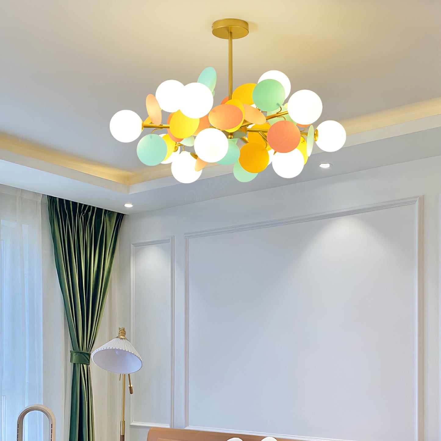 Modern Geometric Tree Branch Chandelier with Frosted Glass Shades and Gold Finish