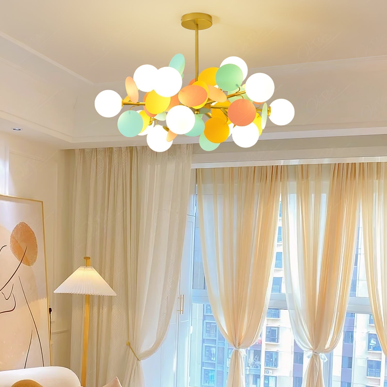 Modern Geometric Tree Branch Chandelier with Frosted Glass Shades and Gold Finish