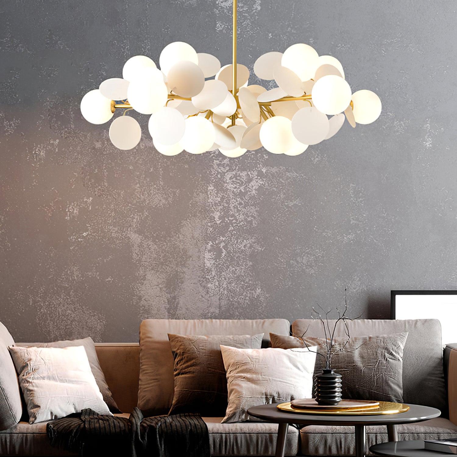 Modern Geometric Tree Branch Chandelier with Frosted Glass Shades and Gold Finish