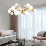 Modern Geometric Tree Branch Chandelier with Frosted Glass Shades and Gold Finish