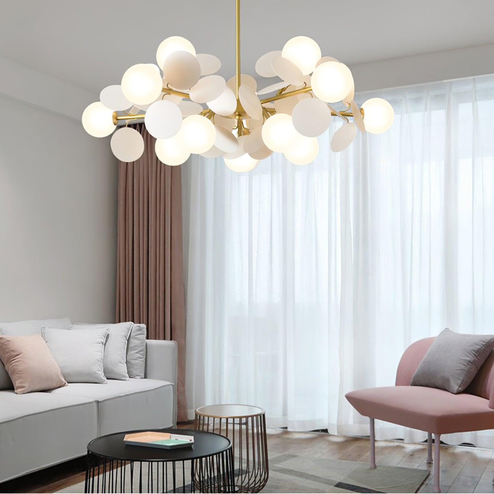 Modern Geometric Tree Branch Chandelier with Frosted Glass Shades and Gold Finish