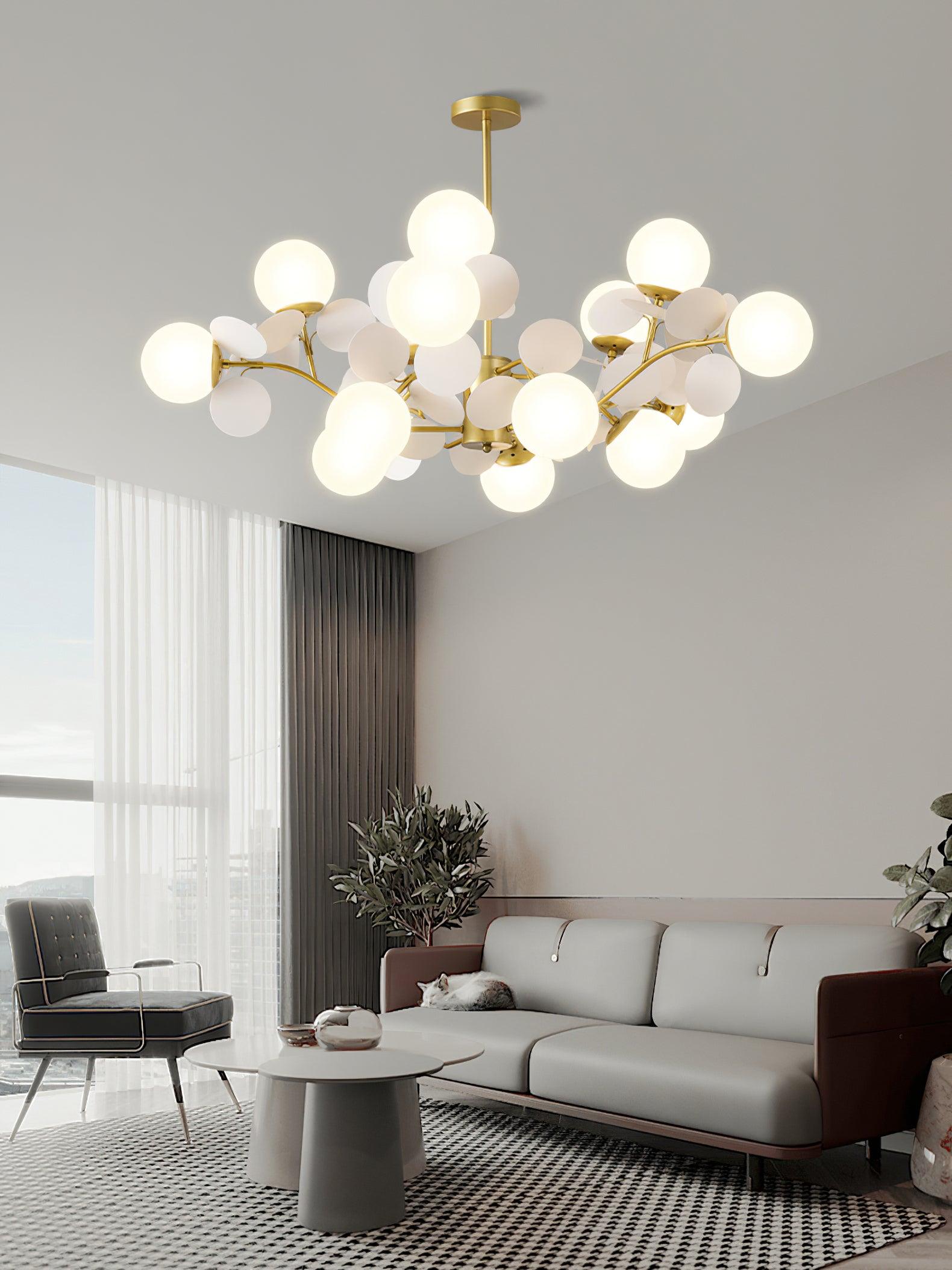 Modern Geometric Tree Branch Chandelier with Frosted Glass Shades and Gold Finish