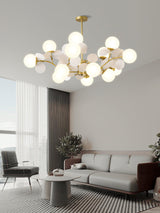 Modern Geometric Tree Branch Chandelier with Frosted Glass Shades and Gold Finish