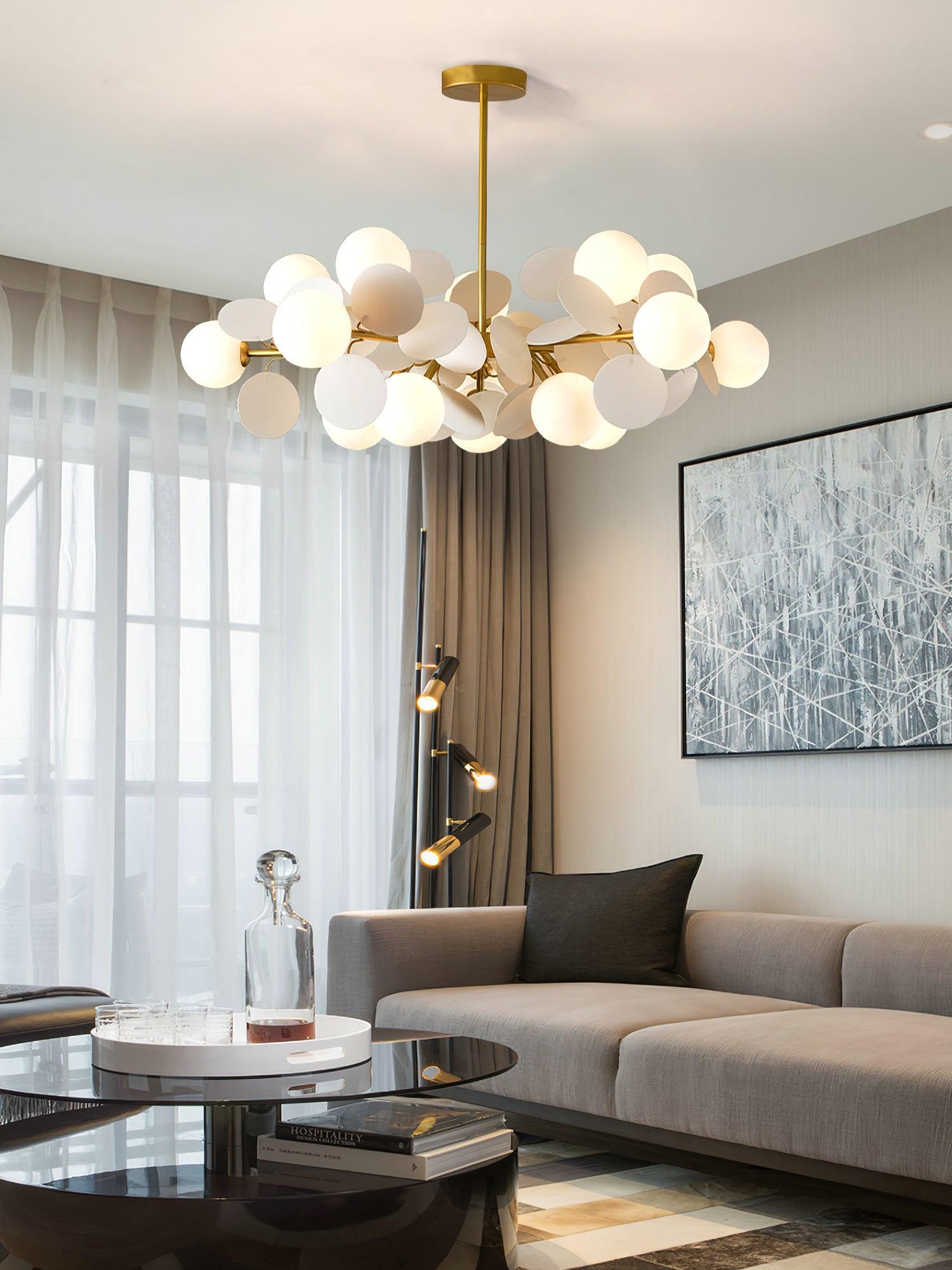 Modern Geometric Tree Branch Chandelier with Frosted Glass Shades and Gold Finish