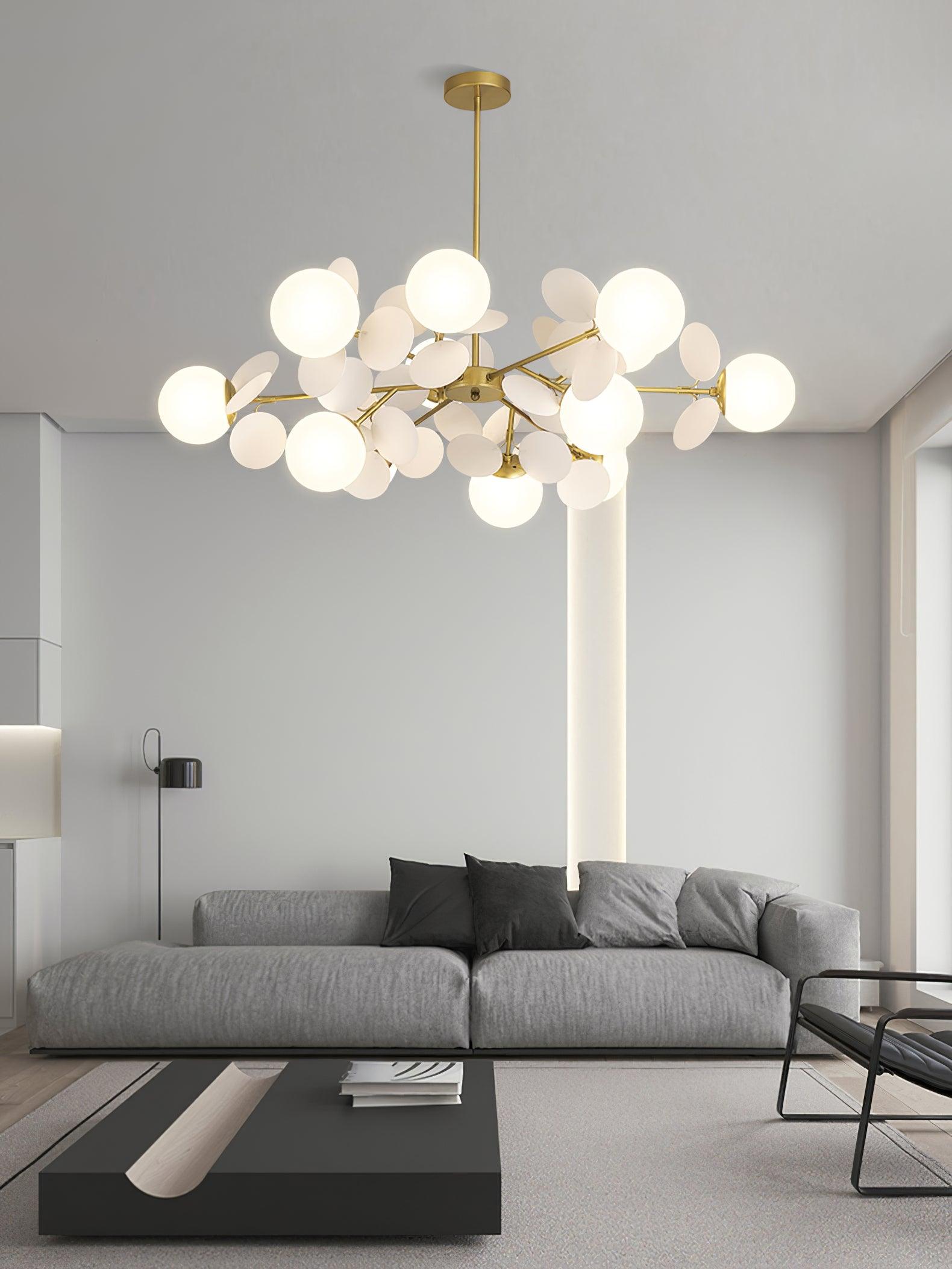 Modern Geometric Tree Branch Chandelier with Frosted Glass Shades and Gold Finish