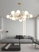 Modern Geometric Tree Branch Chandelier with Frosted Glass Shades and Gold Finish