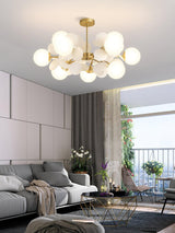 Modern Geometric Tree Branch Chandelier with Frosted Glass Shades and Gold Finish