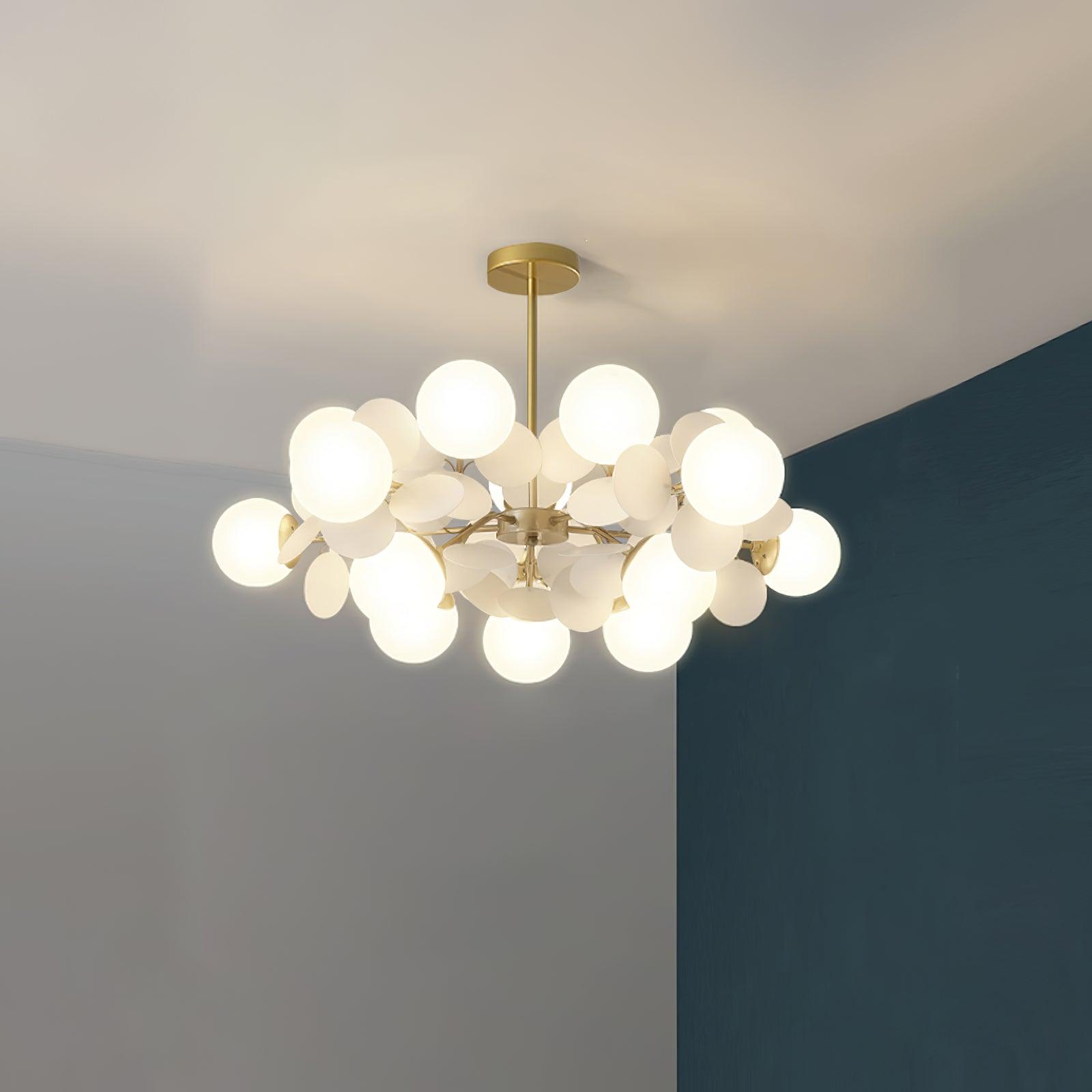 Modern Geometric Tree Branch Chandelier with Frosted Glass Shades and Gold Finish