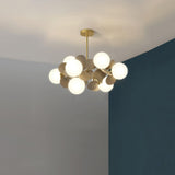 Modern Geometric Tree Branch Chandelier with Frosted Glass Shades and Gold Finish
