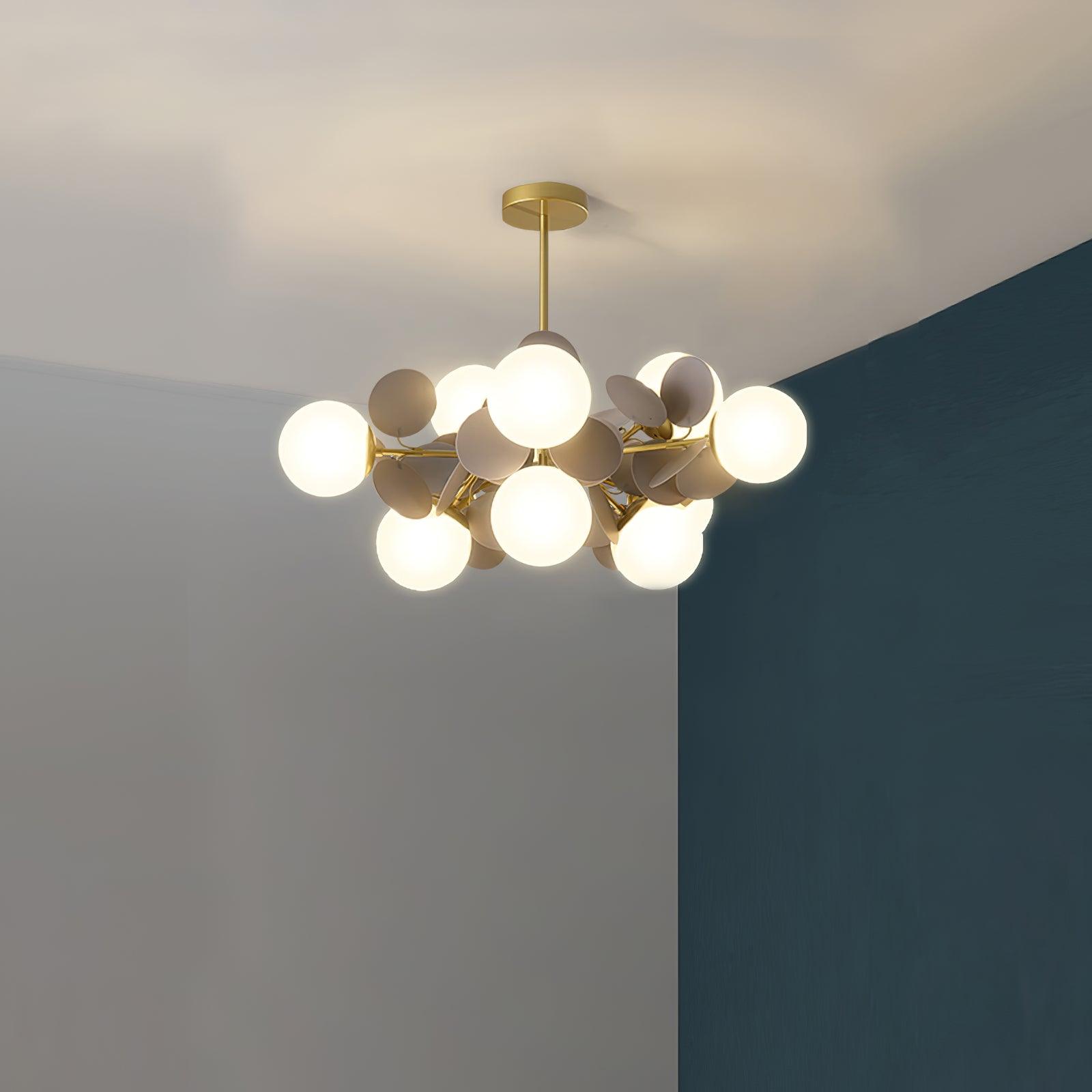 Modern Geometric Tree Branch Chandelier with Frosted Glass Shades and Gold Finish