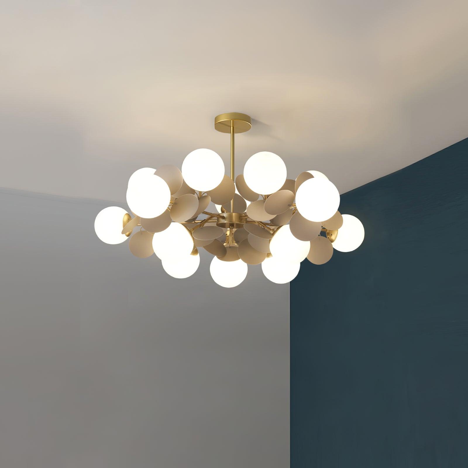 Modern Geometric Tree Branch Chandelier with Frosted Glass Shades and Gold Finish