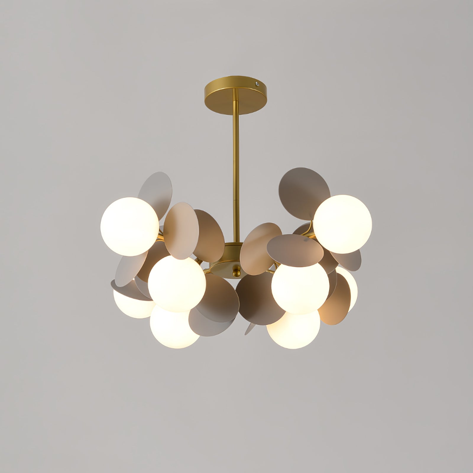 Modern Geometric Tree Branch Chandelier with Frosted Glass Shades and Gold Finish