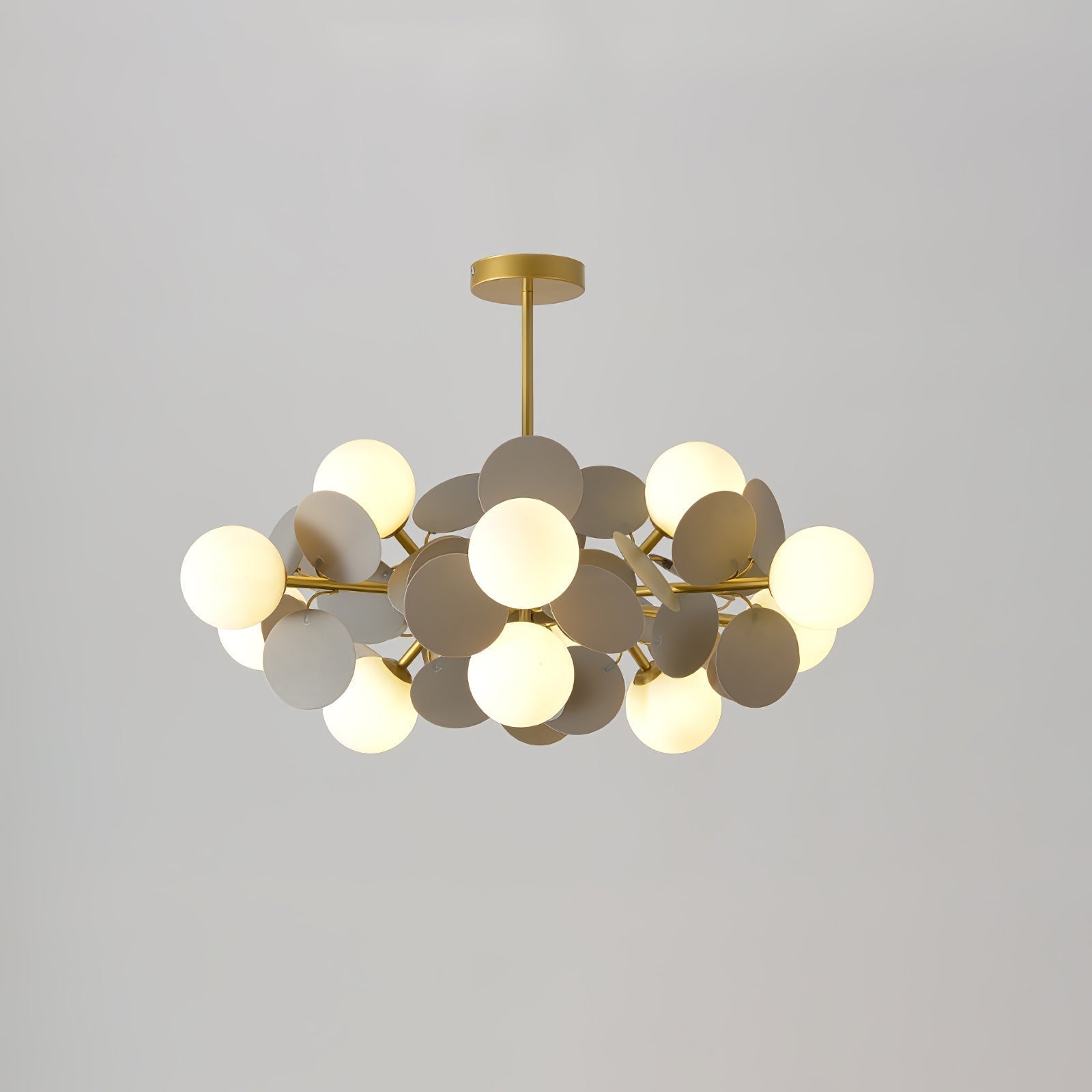 Modern Geometric Tree Branch Chandelier with Frosted Glass Shades and Gold Finish
