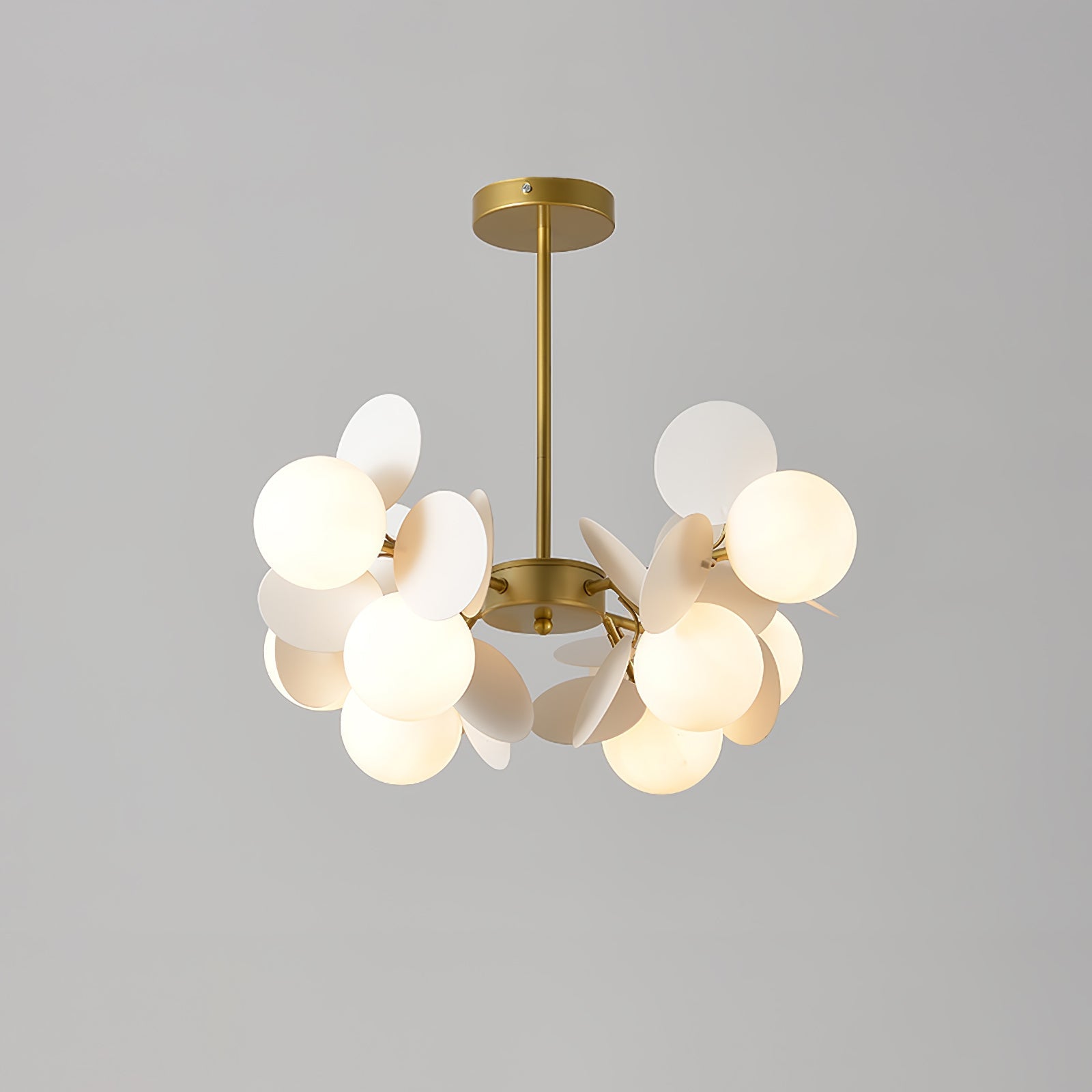 Modern Geometric Tree Branch Chandelier with Frosted Glass Shades and Gold Finish