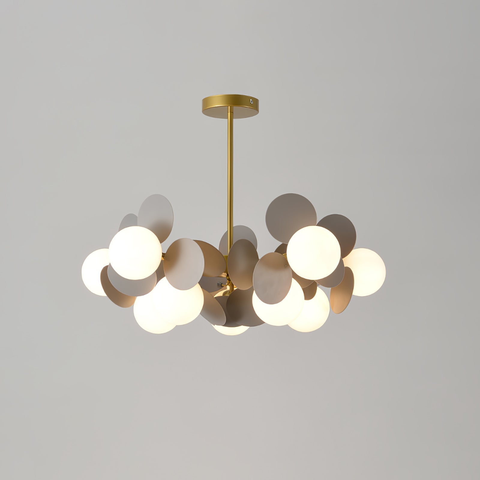 Modern Geometric Tree Branch Chandelier with Frosted Glass Shades and Gold Finish