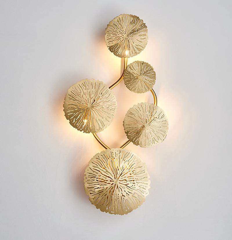 Modern Gilded Lotus Leaf Wall Sconce Artistic Golden Stainless Steel LED Lighting Fixture
