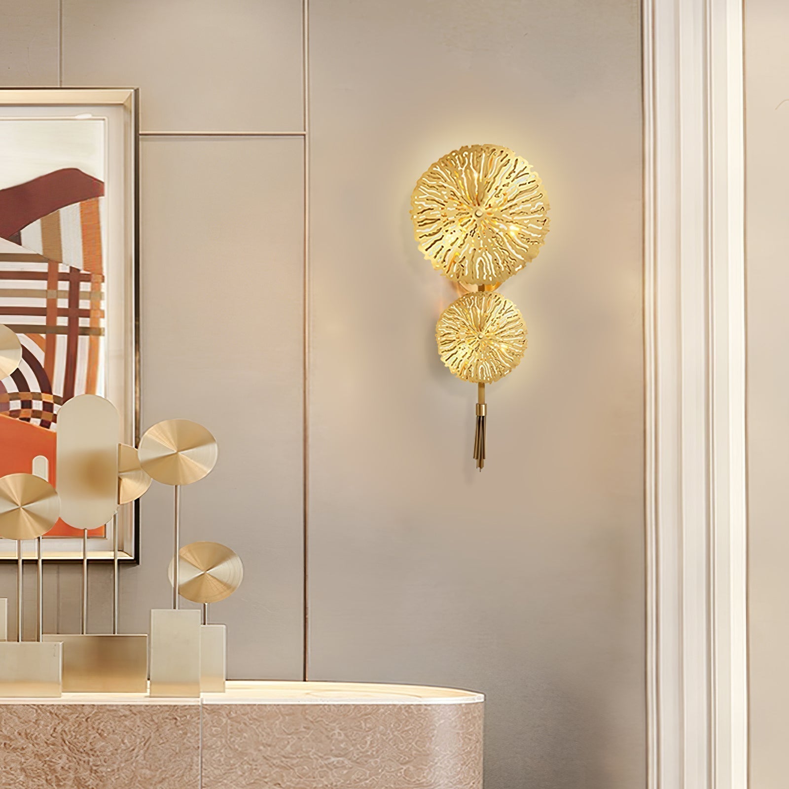 Modern Gilded Lotus Leaf Wall Sconce Artistic Golden Stainless Steel LED Lighting Fixture