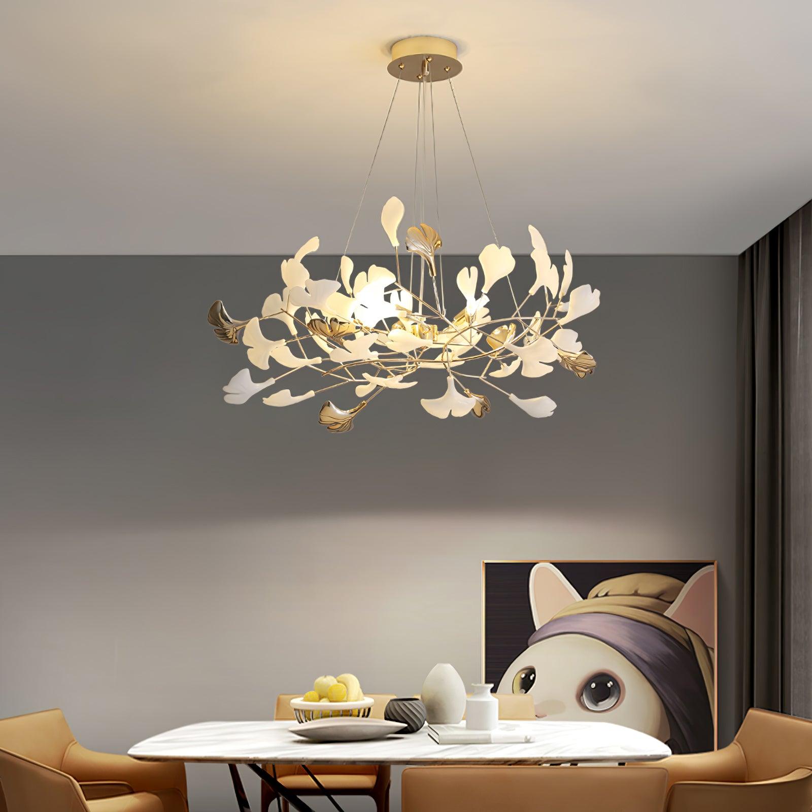 Modern Gingko Leaf Ceramic Crown Chandelier Iron Linear Pendant Light