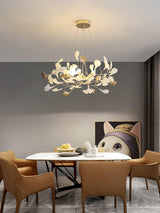 Modern Gingko Leaf Ceramic Crown Chandelier Iron Linear Pendant Light