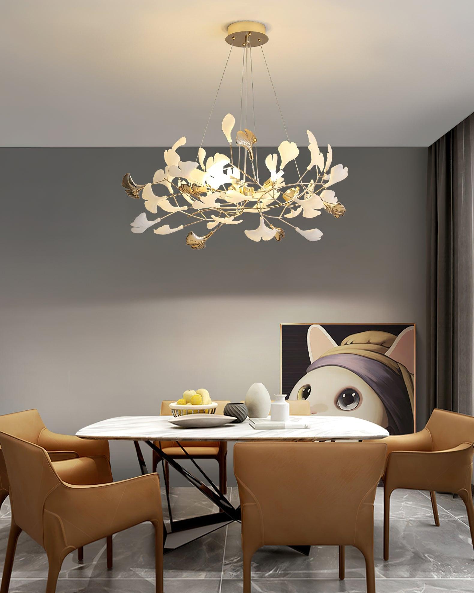 Modern Gingko Leaf Ceramic Crown Chandelier Iron Linear Pendant Light