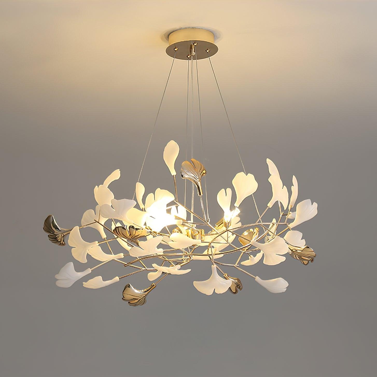 Modern Gingko Leaf Ceramic Crown Chandelier Iron Linear Pendant Light