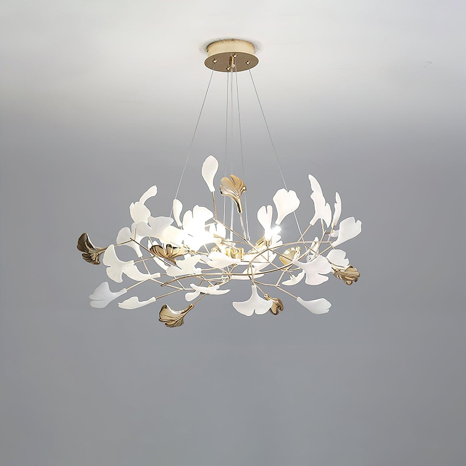 Modern Gingko Leaf Ceramic Crown Chandelier Iron Linear Pendant Light