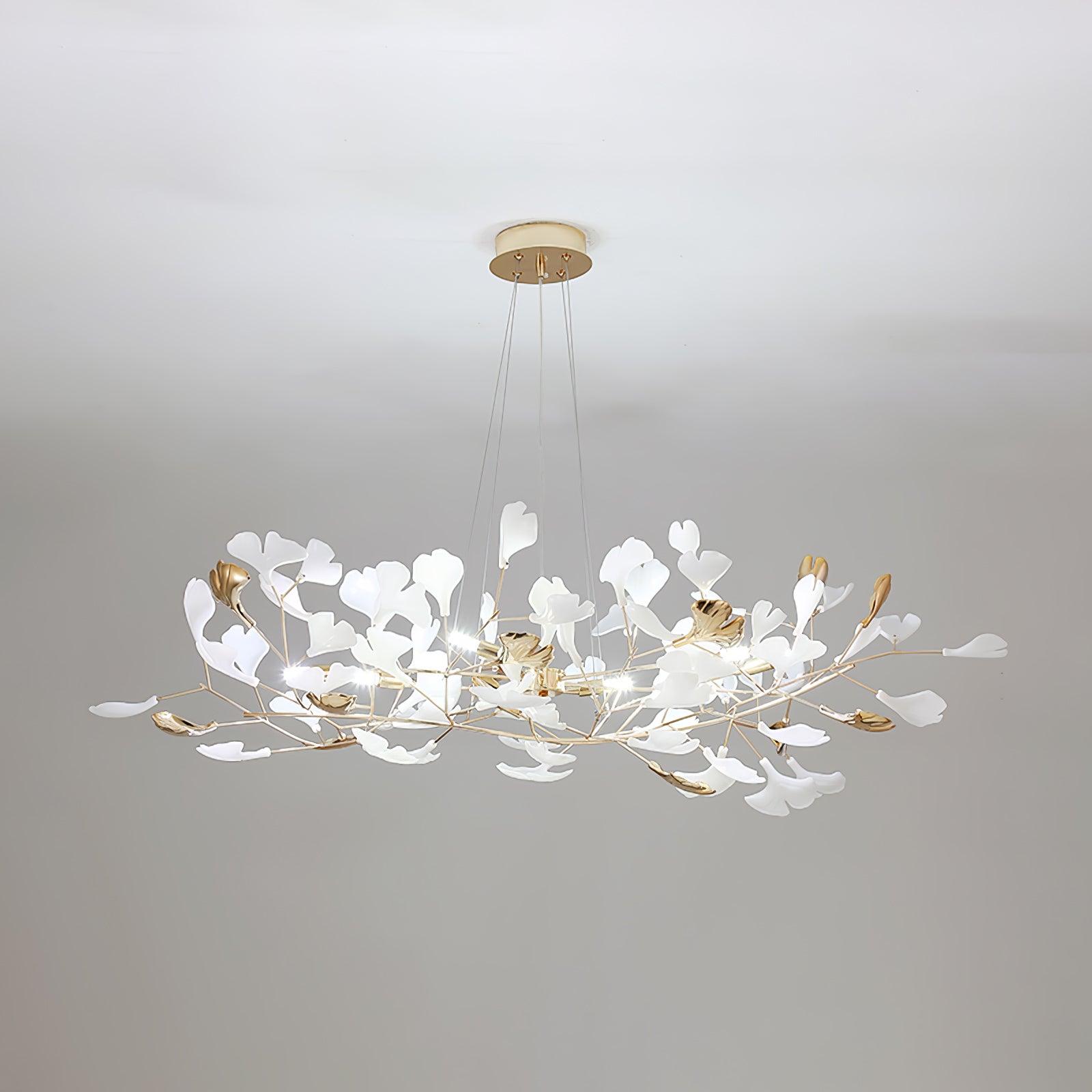 Modern Gingko Leaf Ceramic Crown Chandelier Iron Linear Pendant Light