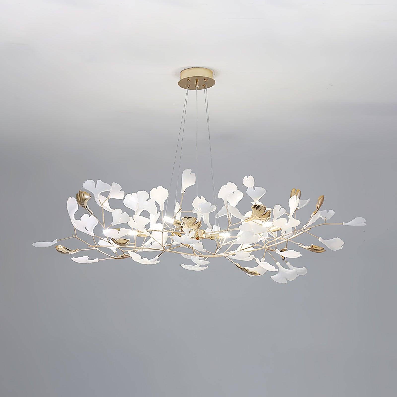 Modern Gingko Leaf Ceramic Crown Chandelier Iron Linear Pendant Light