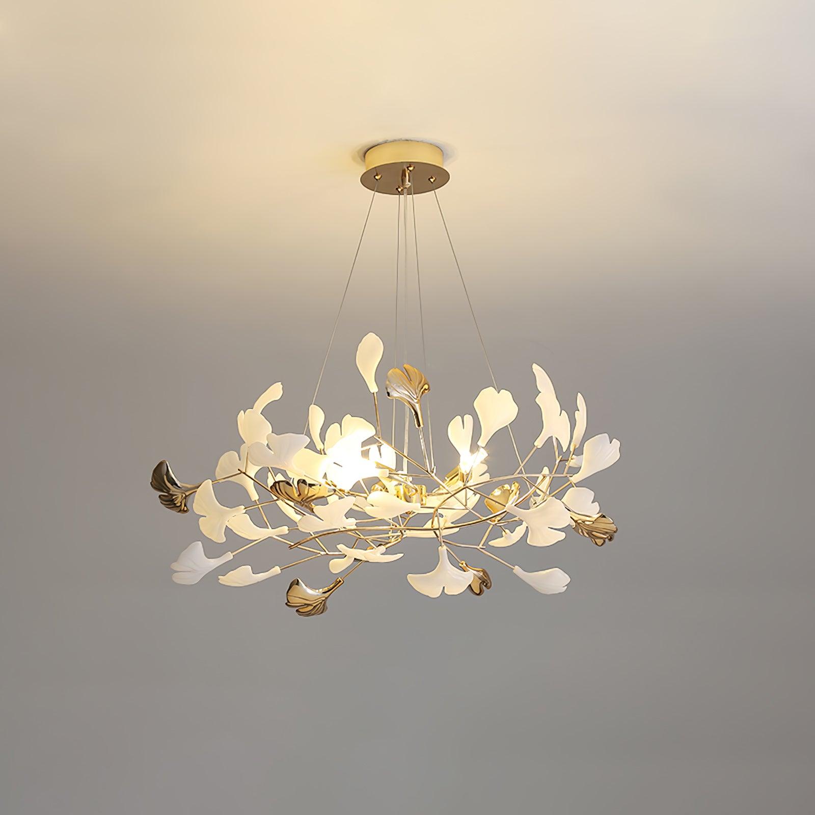 Modern Gingko Leaf Ceramic Crown Chandelier Iron Linear Pendant Light