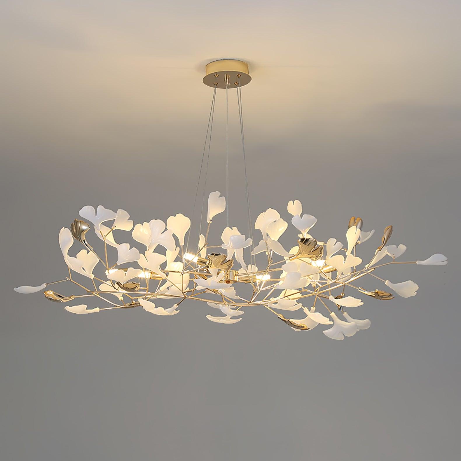 Modern Gingko Leaf Ceramic Crown Chandelier Iron Linear Pendant Light