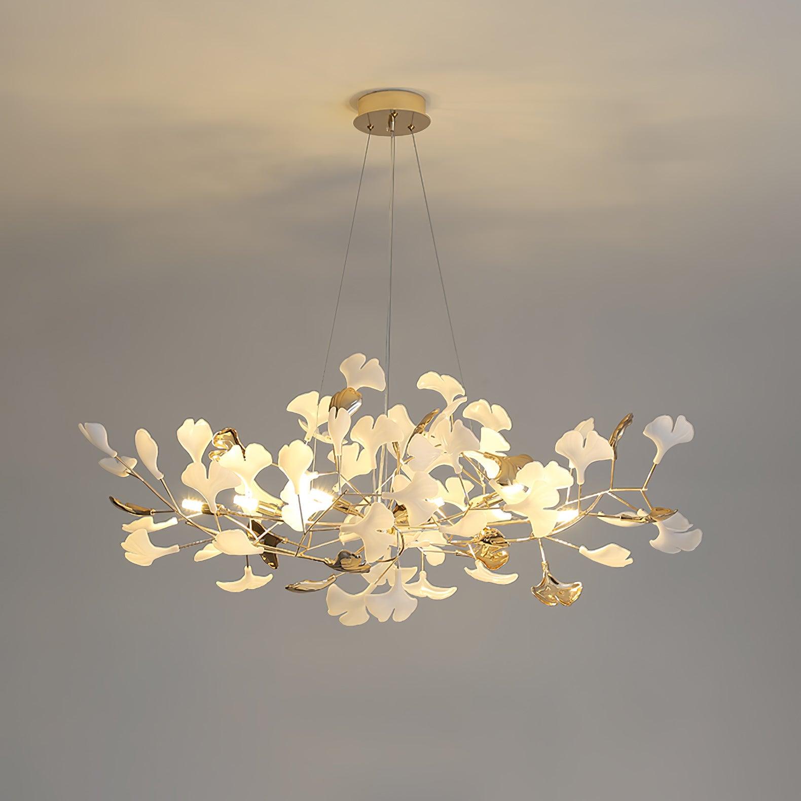 Modern Gingko Leaf Ceramic Crown Chandelier Iron Linear Pendant Light