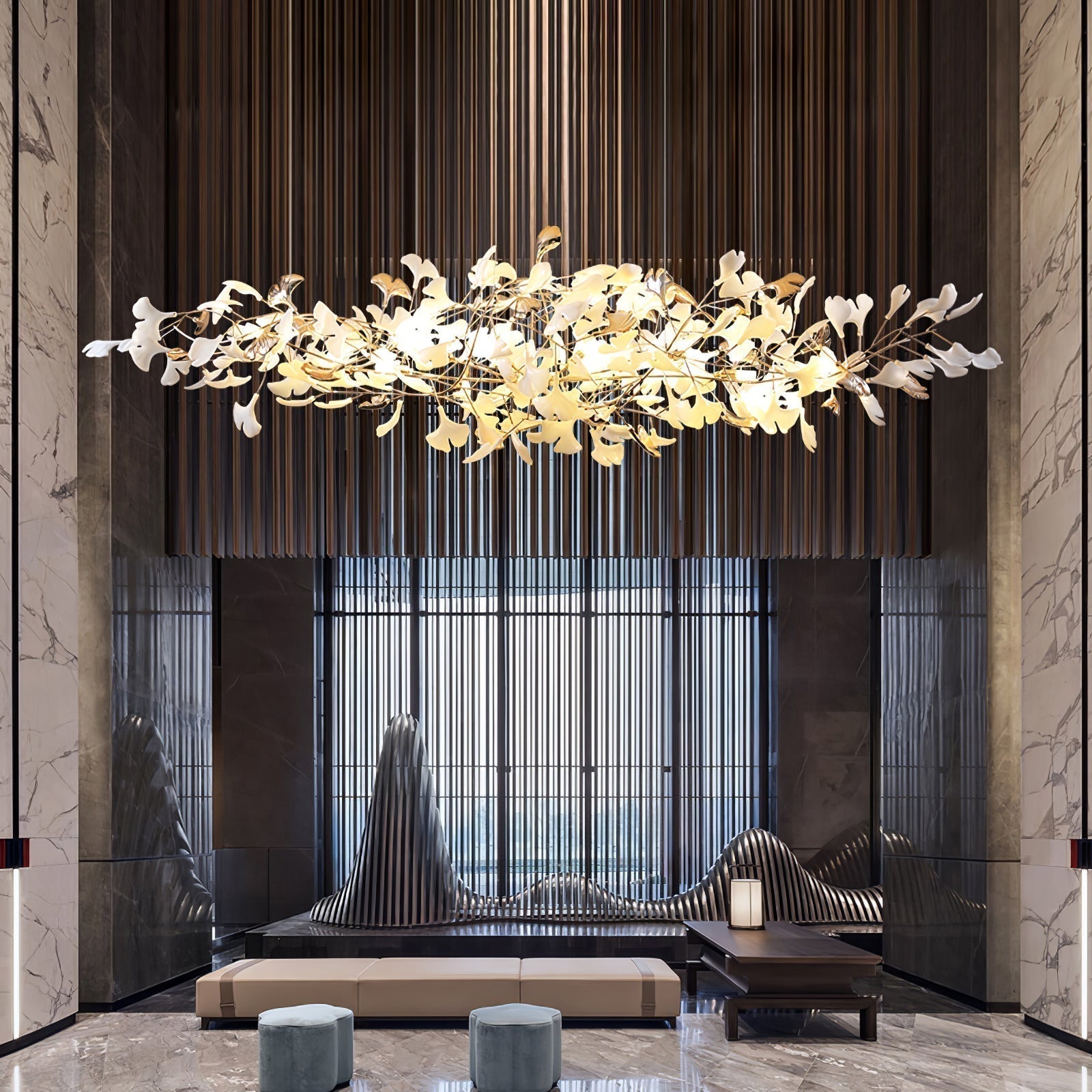 Modern Ginkgo Cloud Chandelier with Handcrafted Porcelain Leaves for Warm Artistic Lighting