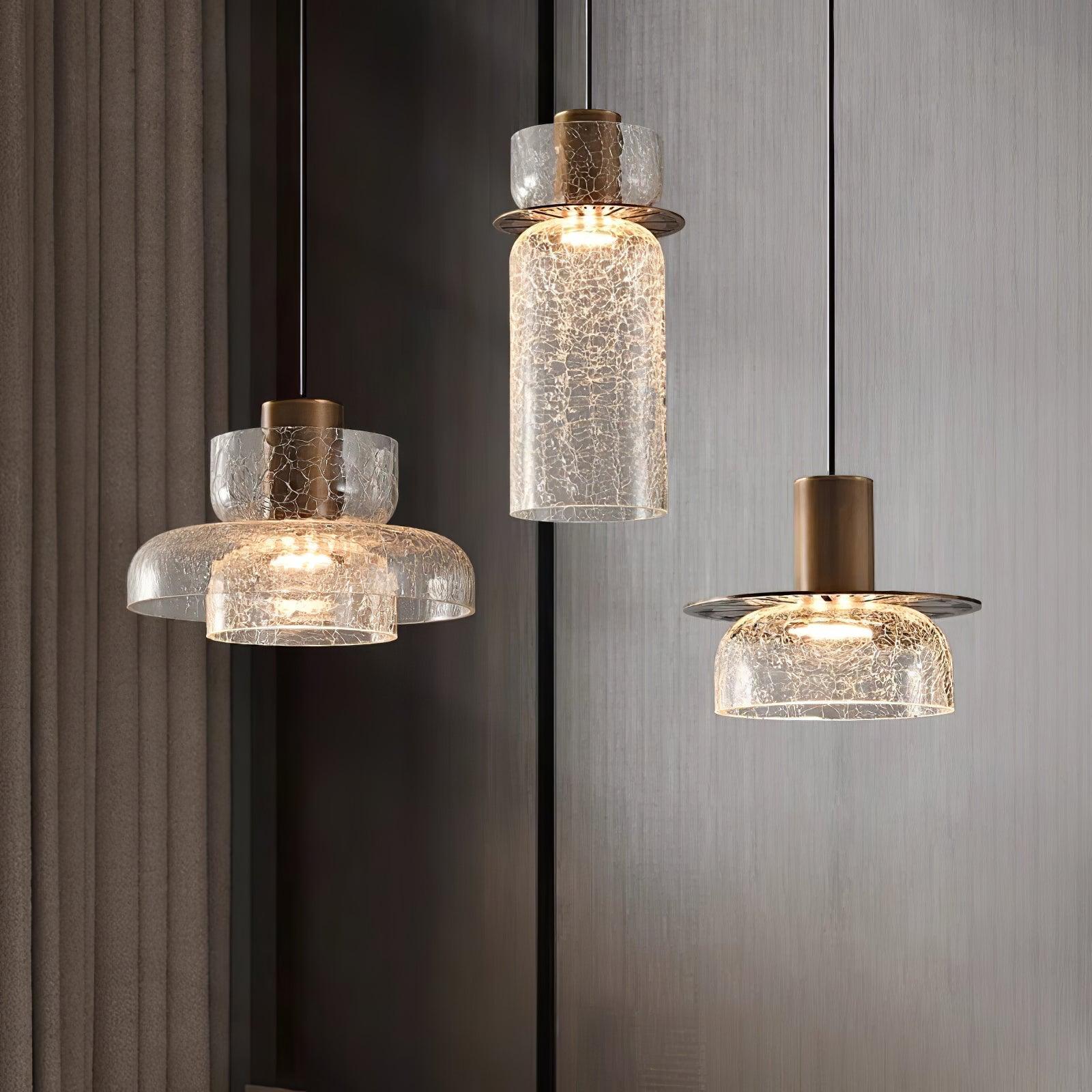 Modern Glacier Crackle Glass LED Pendant Light Bronze Finish for Kitchen Island