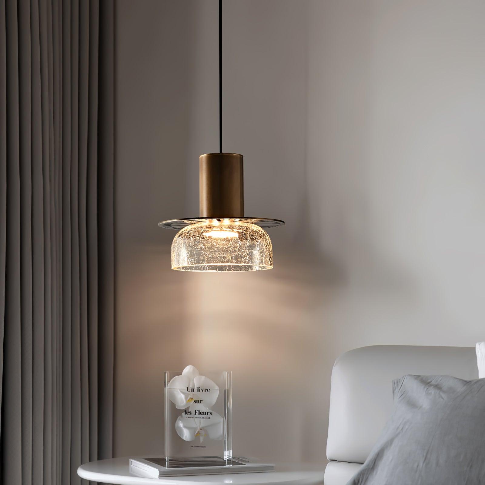 Modern Glacier Crackle Glass LED Pendant Light Bronze Finish for Kitchen Island