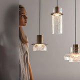 Modern Glacier Crackle Glass LED Pendant Light Bronze Finish for Kitchen Island