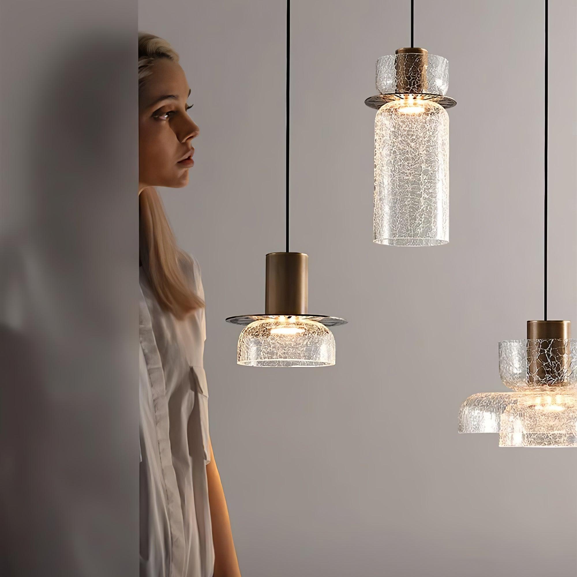 Modern Glacier Crackle Glass LED Pendant Light Bronze Finish for Kitchen Island