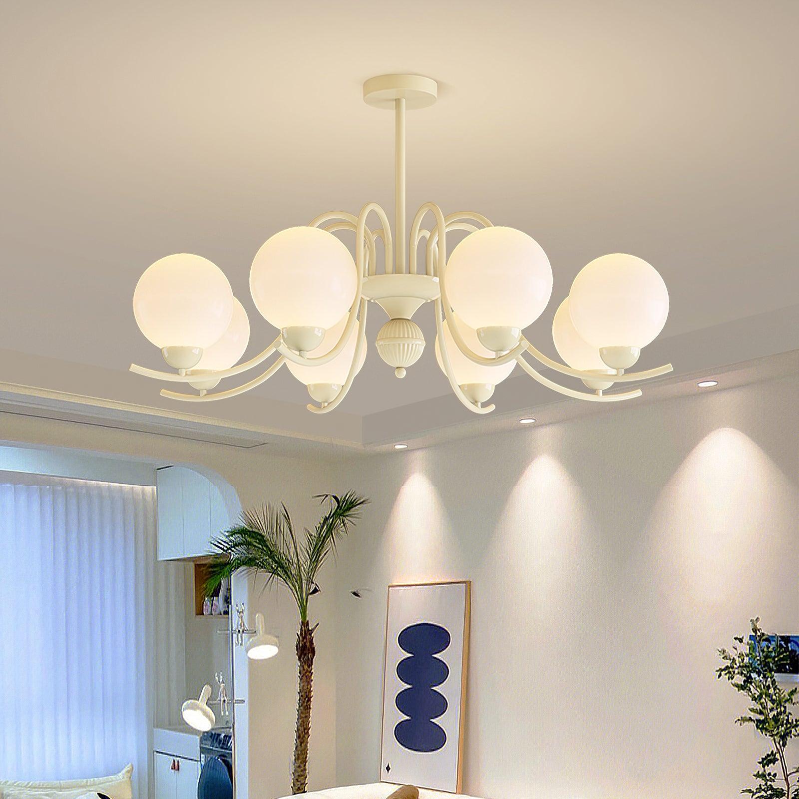 Modern Glass Ball Chandelier Creamy White Globe Ceiling Light Fixture for Living Room