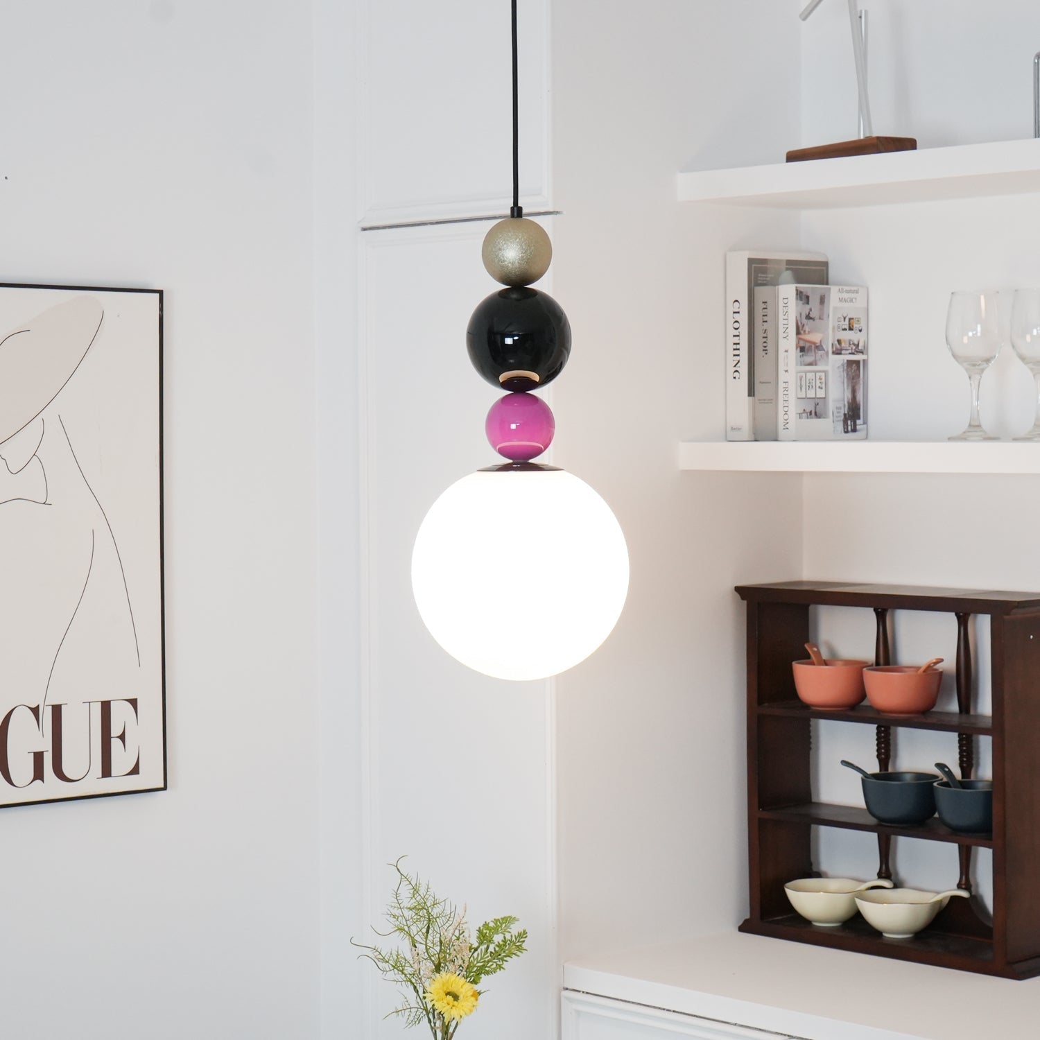 Modern Glass Ball Stacking Pendant Lamp Pink and Black Metal Ceiling Fixture