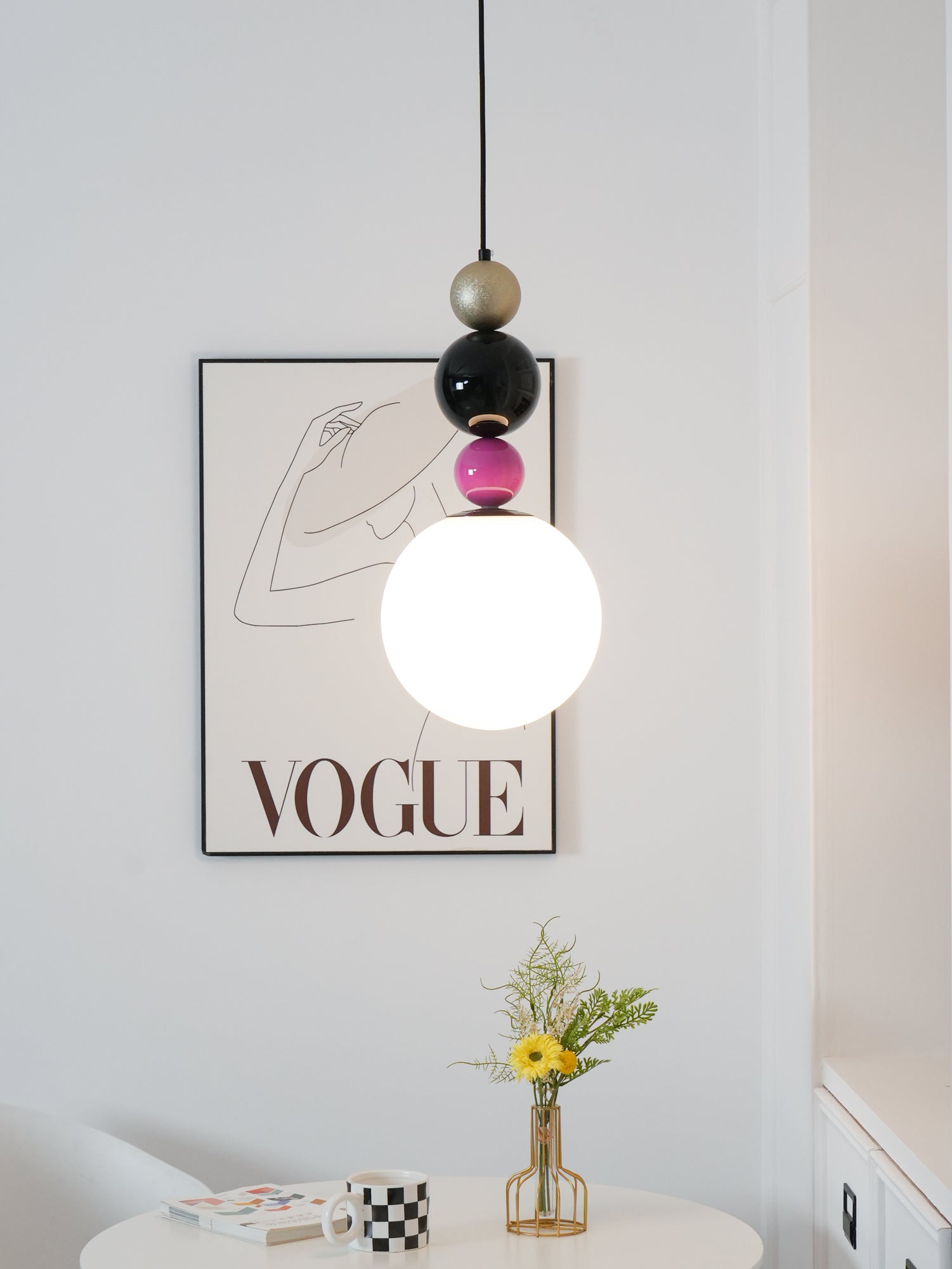 Modern Glass Ball Stacking Pendant Lamp Pink and Black Metal Ceiling Fixture