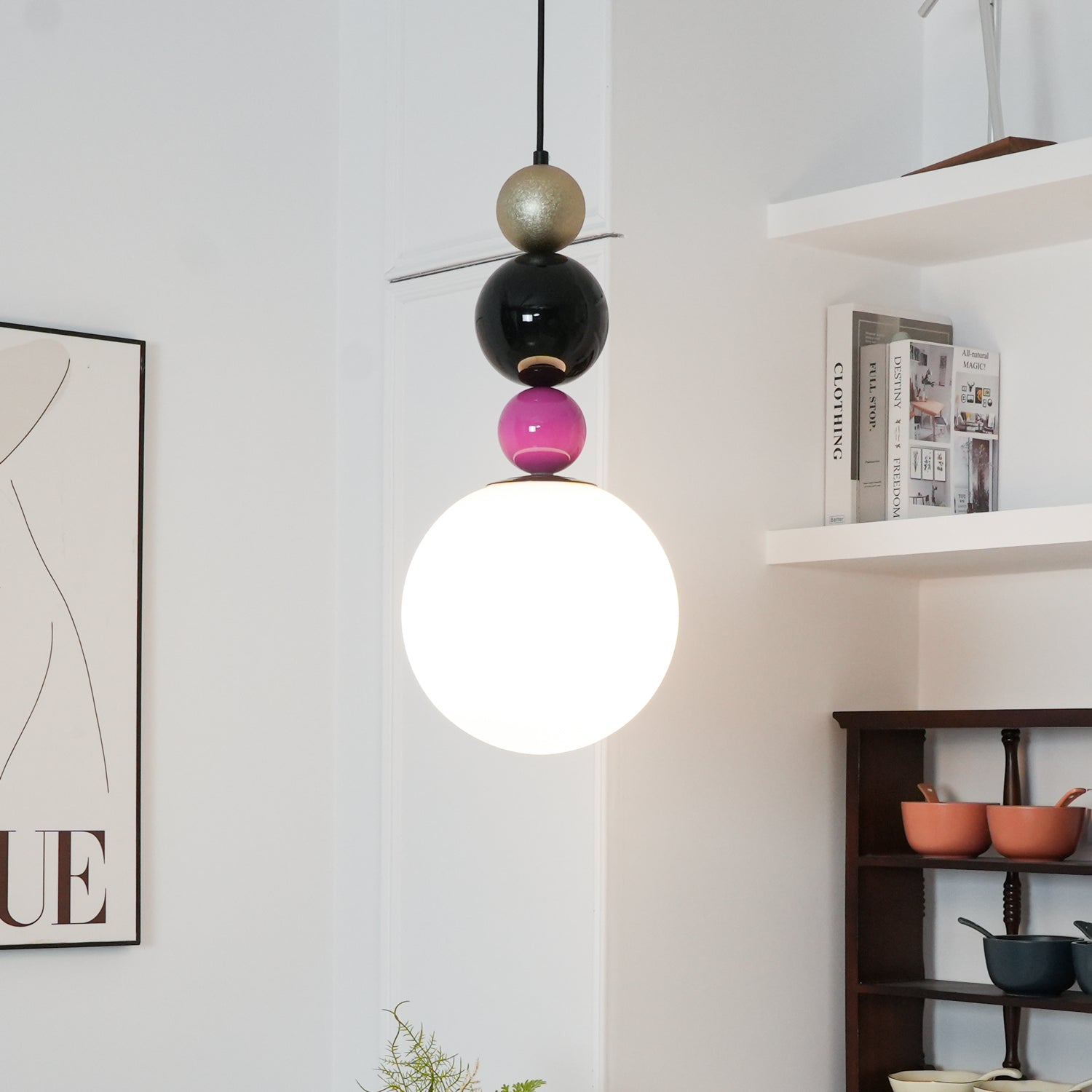 Modern Glass Ball Stacking Pendant Lamp Pink and Black Metal Ceiling Fixture