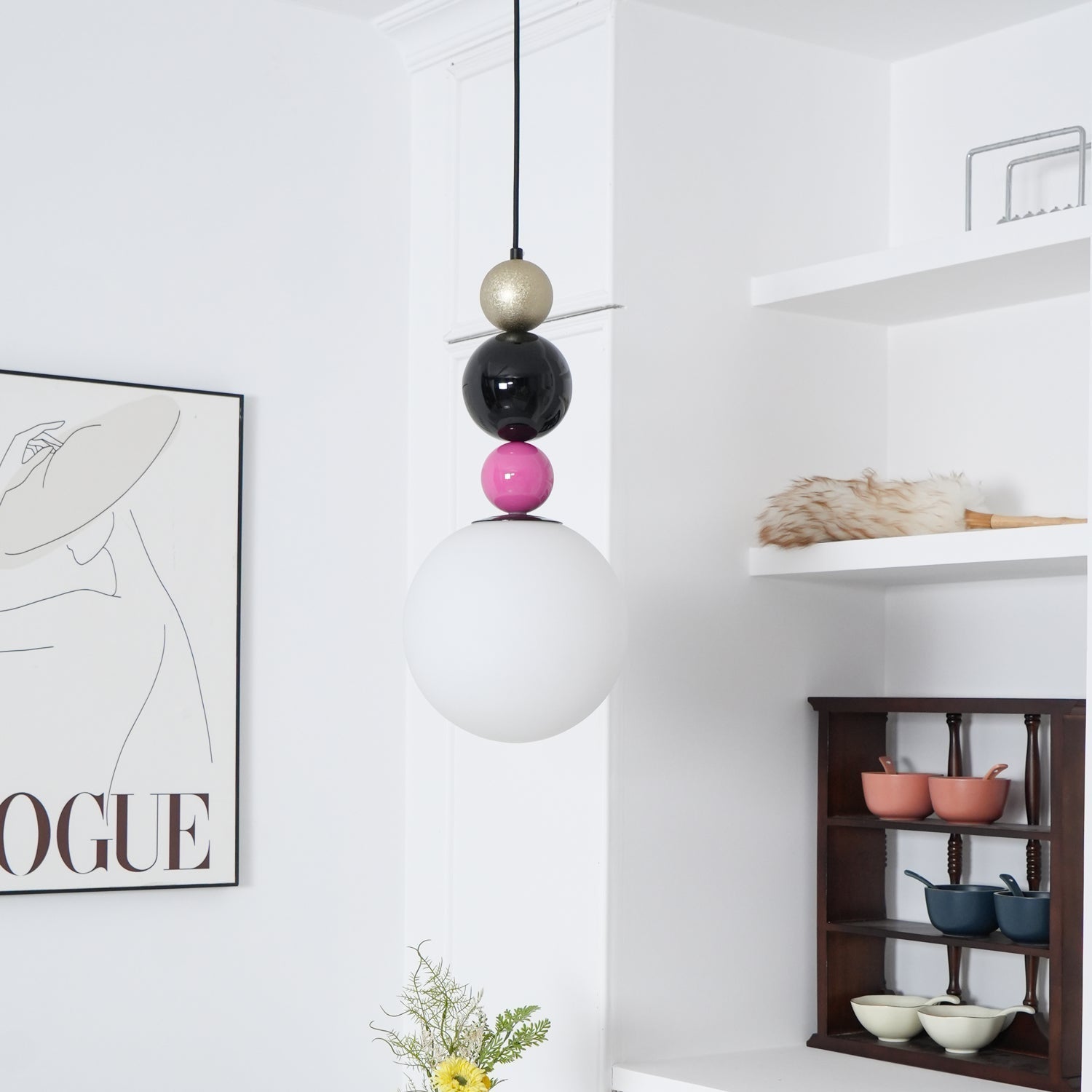 Modern Glass Ball Stacking Pendant Lamp Pink and Black Metal Ceiling Fixture
