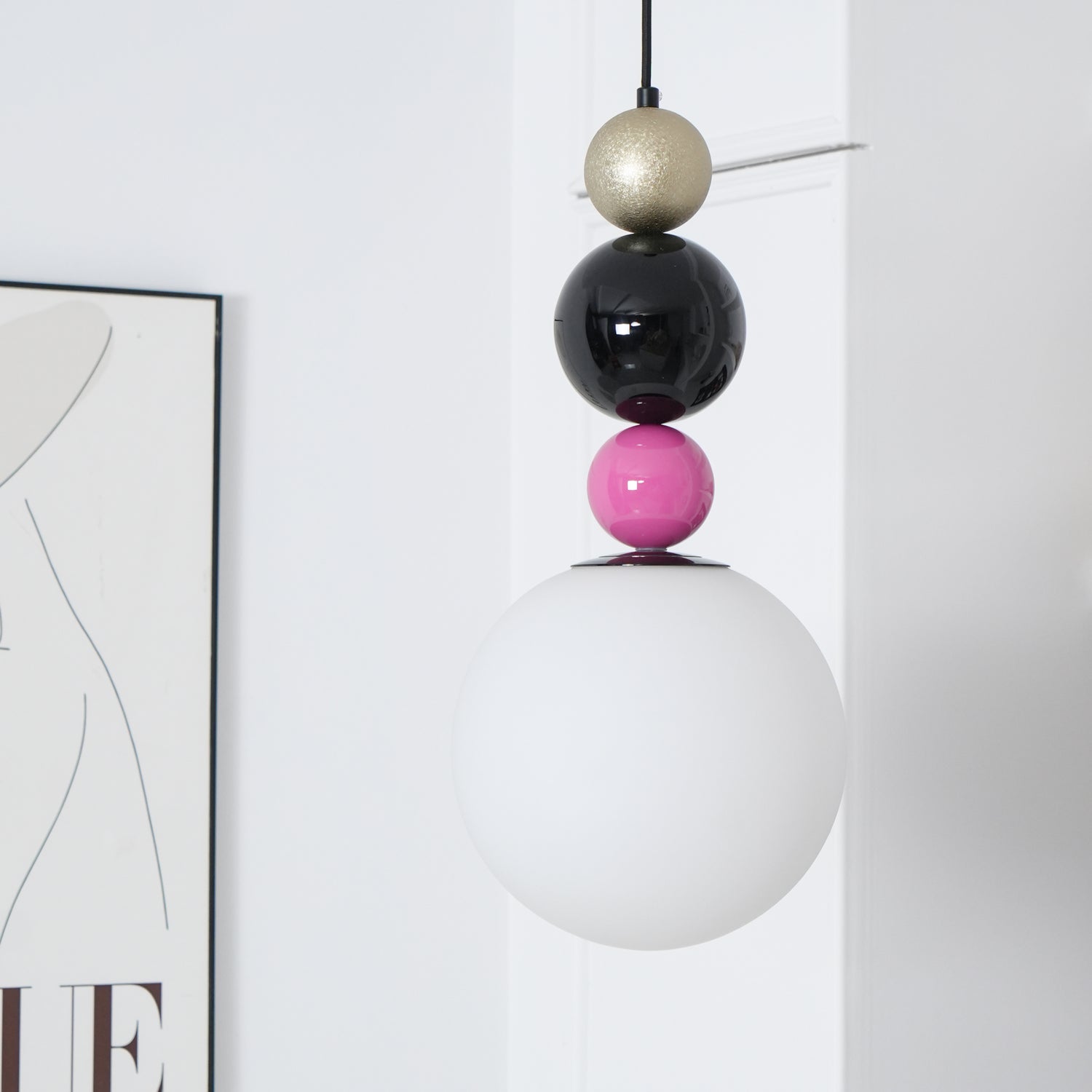 Modern Glass Ball Stacking Pendant Lamp Pink and Black Metal Ceiling Fixture