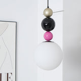 Modern Glass Ball Stacking Pendant Lamp Pink and Black Metal Ceiling Fixture