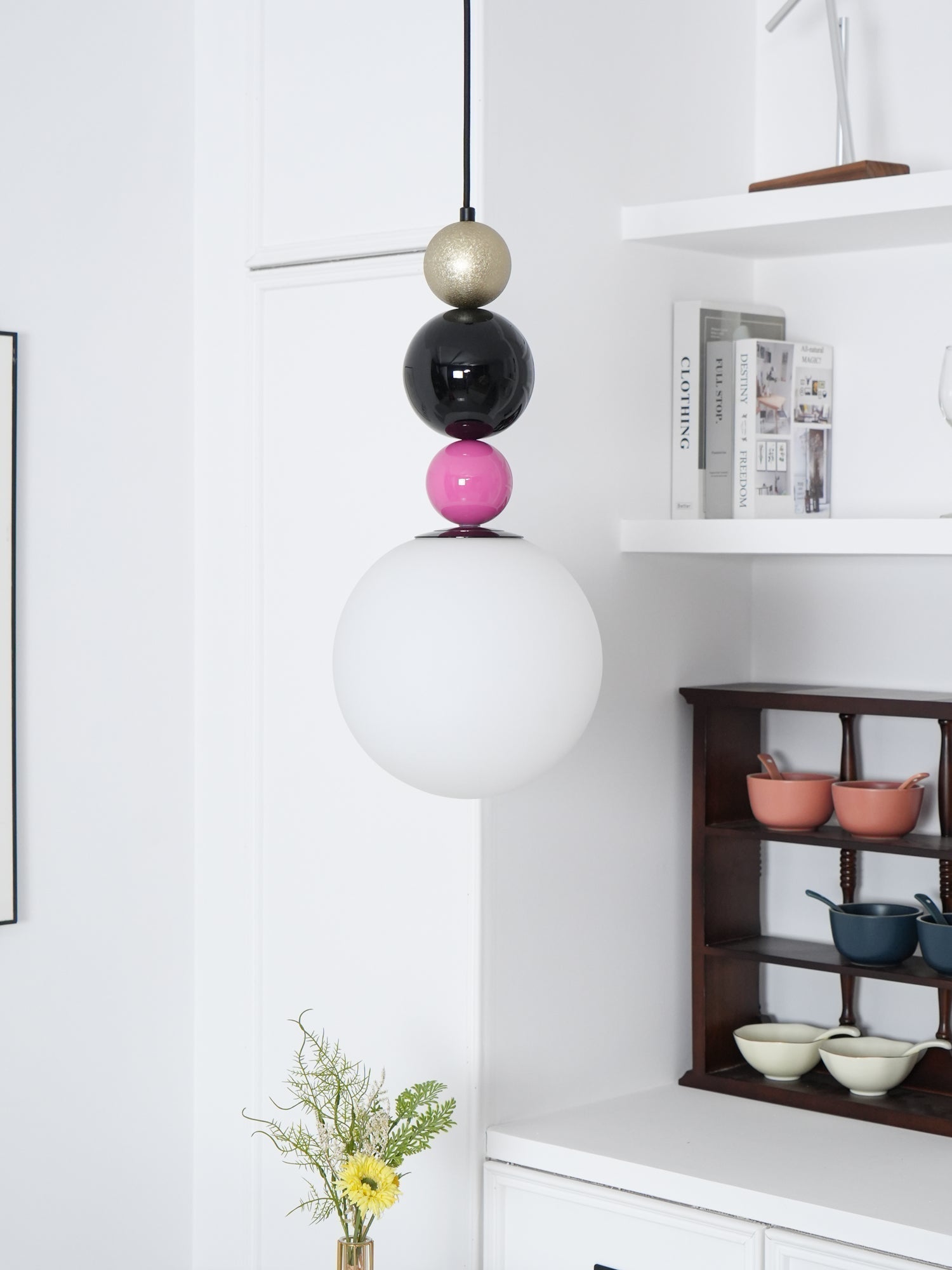 Modern Glass Ball Stacking Pendant Lamp Pink and Black Metal Ceiling Fixture