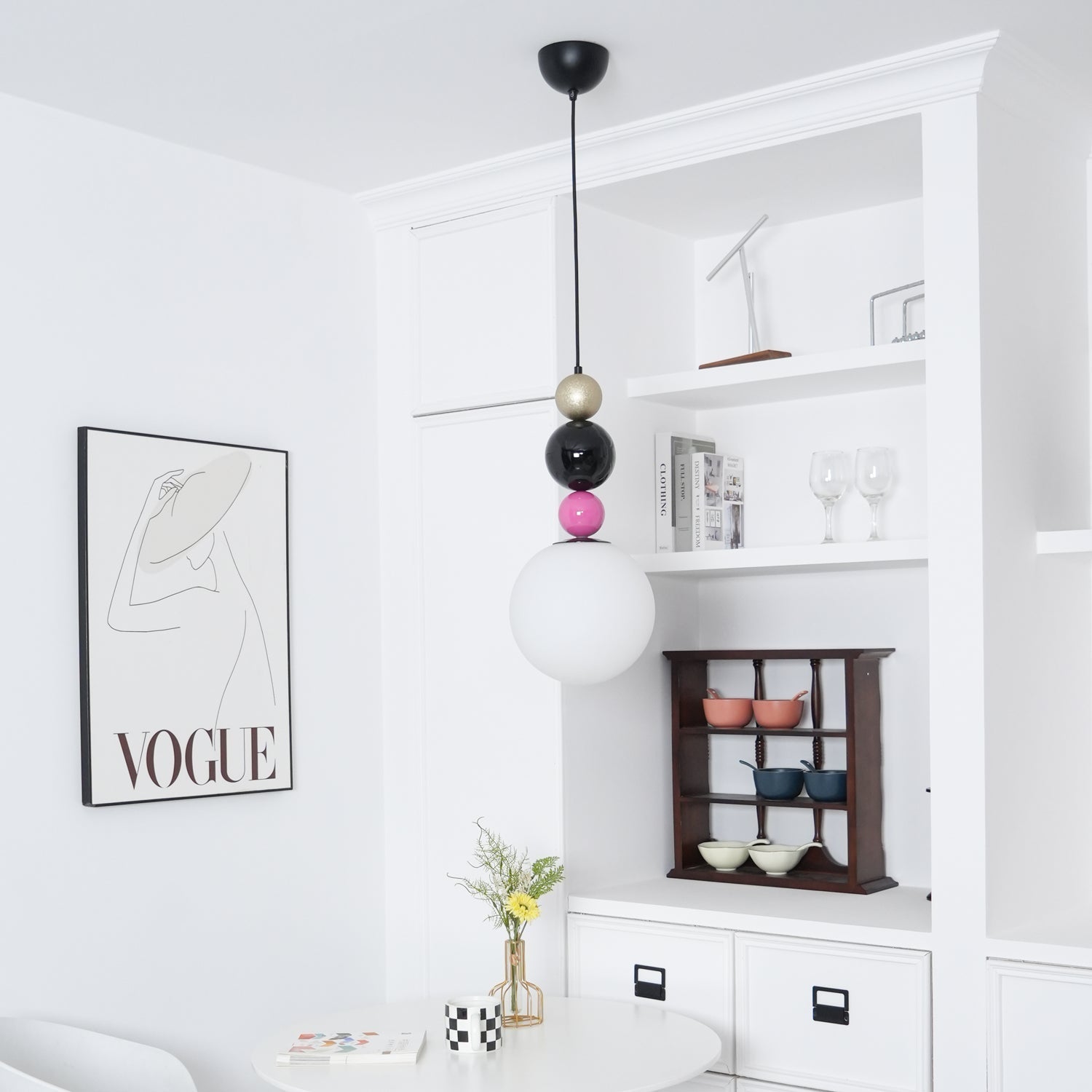 Modern Glass Ball Stacking Pendant Lamp Pink and Black Metal Ceiling Fixture