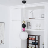 Modern Glass Ball Stacking Pendant Lamp Pink and Black Metal Ceiling Fixture