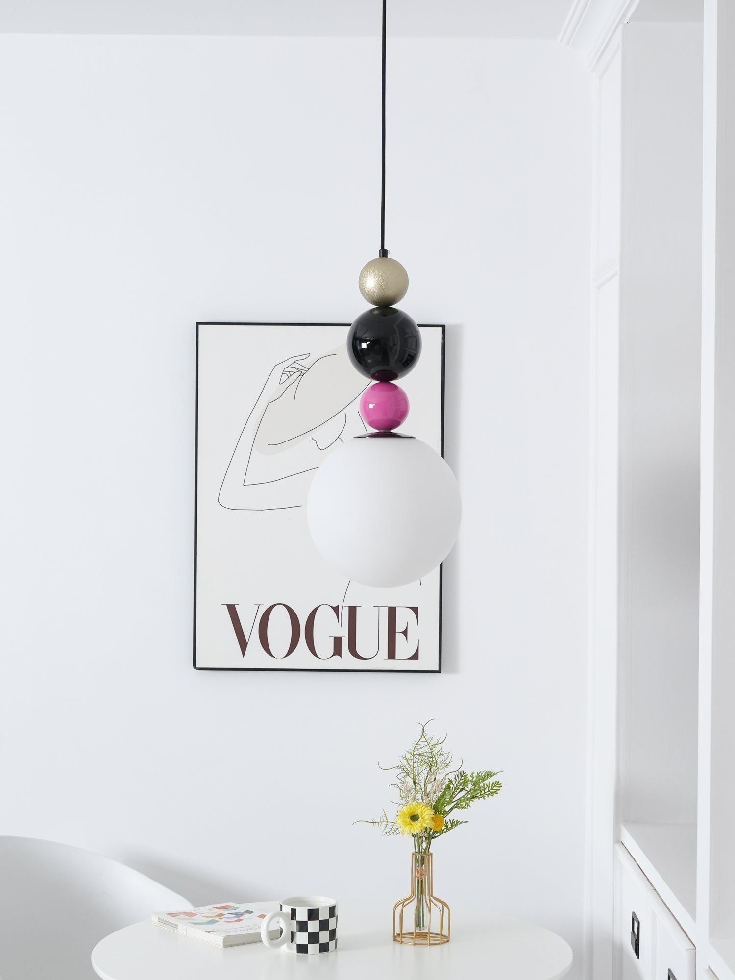 Modern Glass Ball Stacking Pendant Lamp Pink and Black Metal Ceiling Fixture