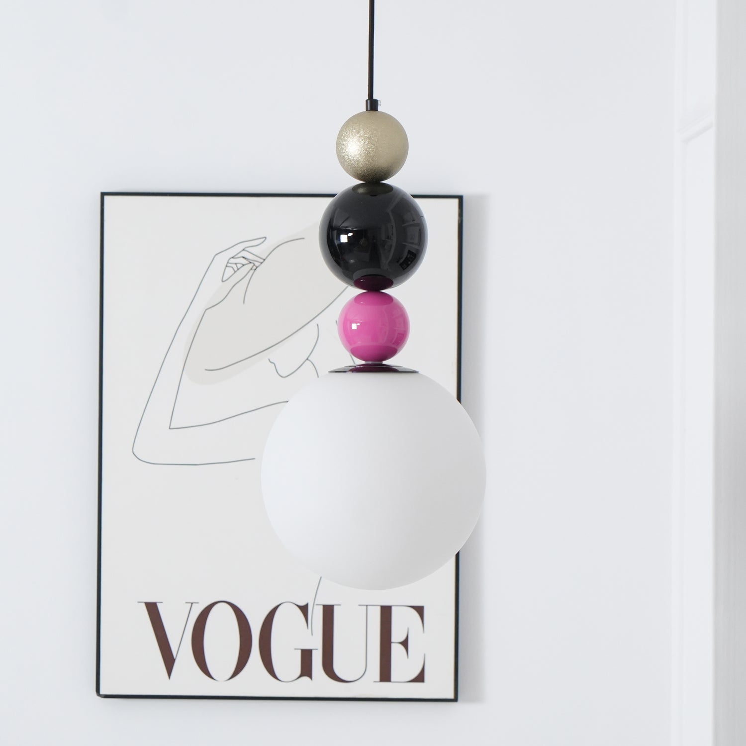 Modern Glass Ball Stacking Pendant Lamp Pink and Black Metal Ceiling Fixture