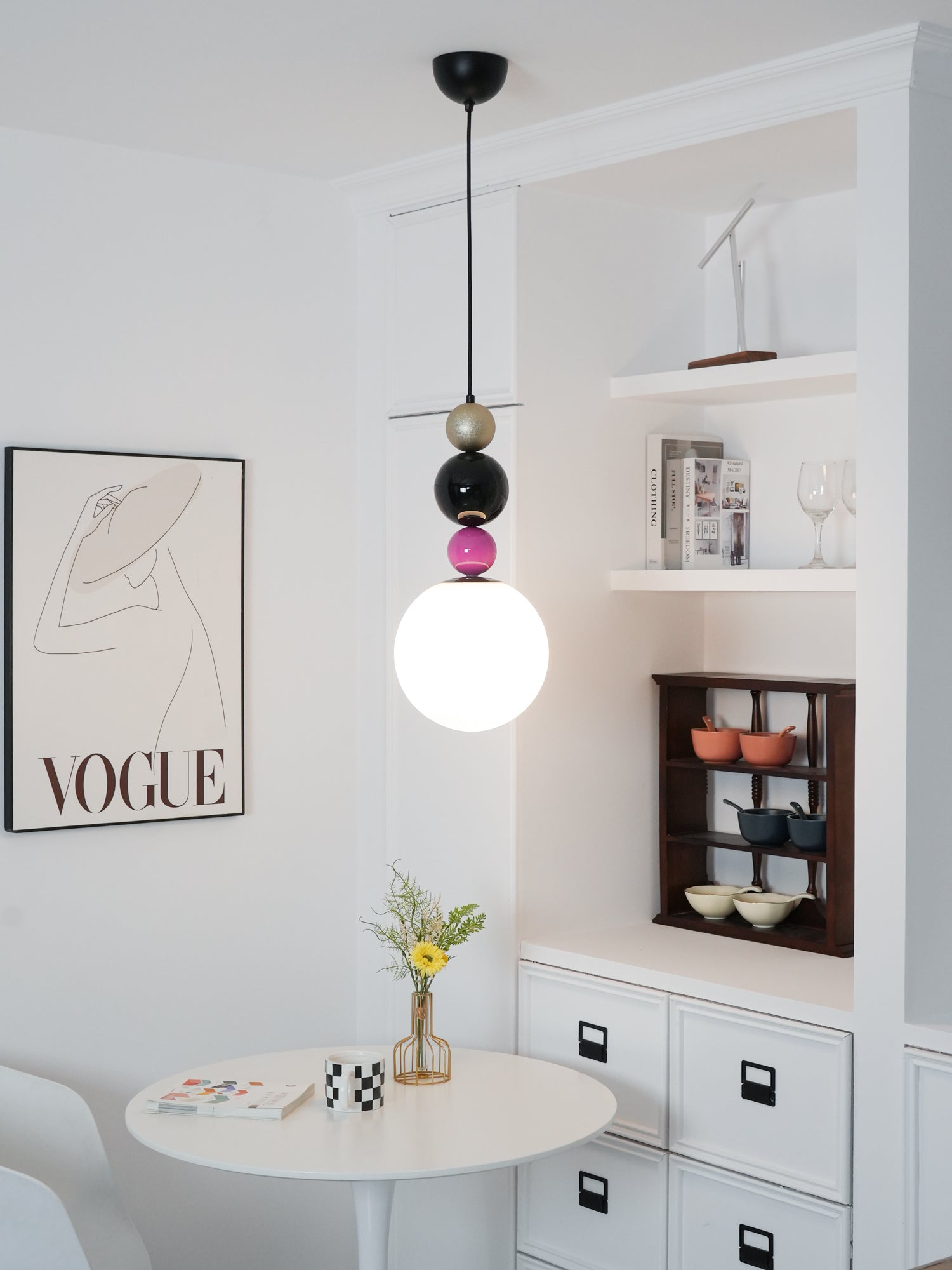 Modern Glass Ball Stacking Pendant Lamp Pink and Black Metal Ceiling Fixture